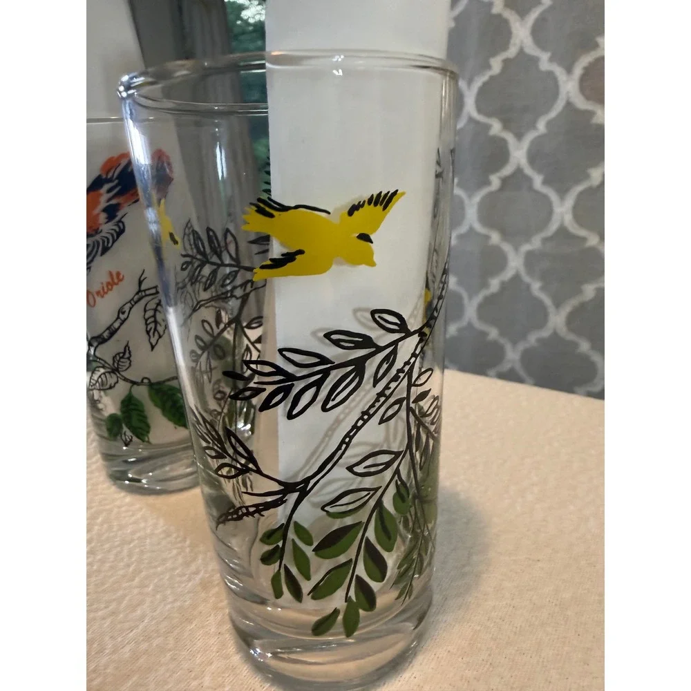 Vintage Bird Drinking Glasses Set of 2 Goldfinch and Oriole Highball Tumblers